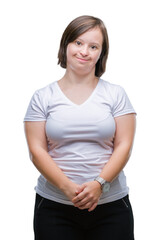 Young adult woman with down syndrome over isolated background with a happy and cool smile on face. Lucky person. - obrazy, fototapety, plakaty