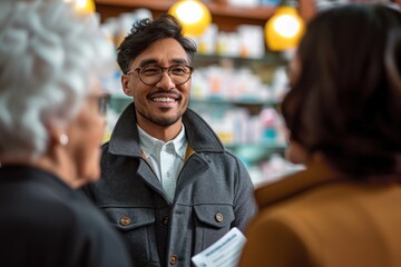 Joyful pharmacist engages in a lively conversation with senior customers