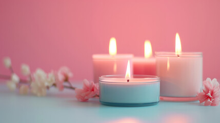Obraz na płótnie Canvas trendy aroma candles on a pastel background with flowers around 