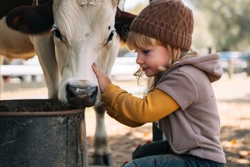 Child milking a cow at a family farm during autumn season