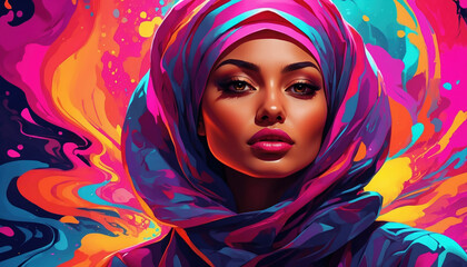 Colorful illustration of Arab woman in scarf. AI generated