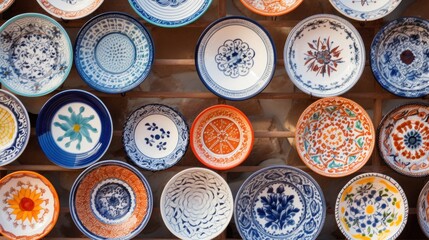 Collection of colorful Portuguese ceramic pottery, local craft products from Portugal. Ceramic plates display in Portugal. Colorful of vintage ceramic plates in Sagres, Portugal.


 - obrazy, fototapety, plakaty