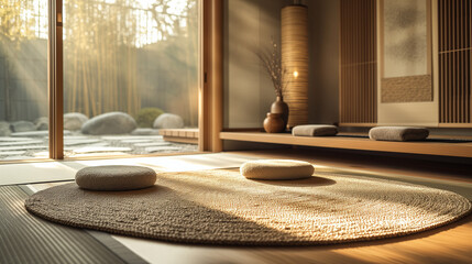 Modern minimalist living room with a round rug and two round pillows. Spacious and natural lighting.