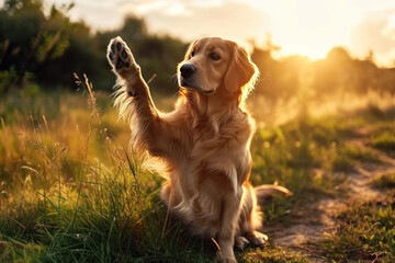 Playful dog giving a paw, happy and cheerful dog at the summer field at sunset 