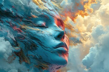  illustration of a human head in the sky with clouds, psychology copcept