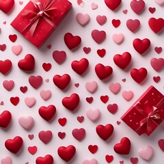 AI generated illustration of vibrant red hearts and wrapped gifts arranged in a charming display