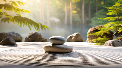 Tranquil japanese garden, serene zen garden with rock and fern, mindfulness, balance and harmony concept. - obrazy, fototapety, plakaty