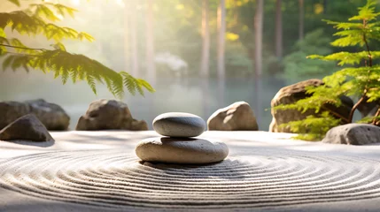 Foto op Plexiglas Tranquil japanese garden, serene zen garden with rock and fern, mindfulness, balance and harmony concept. © Sunday Cat Studio