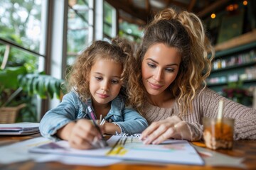 Fototapeta premium Caring mother helping little daughter drawing, doing homework