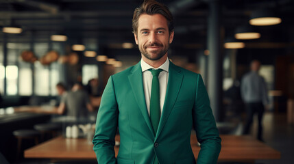 Confident formal wear man looking at camera portrait image. Bearded male in green suit photography studio shot. Formalwear guy smiling picture photorealistic. Concept photo realistic - Powered by Adobe