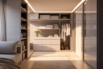 Fototapeta na wymiar Walk in closet interior design, white walk in wardrobe in modern luxury and minimal style.