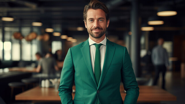 Confident formal wear man looking at camera portrait image. Bearded male in green suit photography studio shot. Formalwear guy smiling picture photorealistic. Concept photo realistic