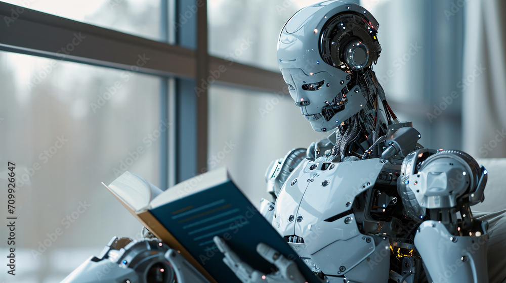 Aufkleber artificial intelligence robot reading book, machine learning and futuristic innovative technology co