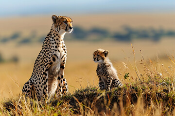 Adorable wildlife cheetah family, mother with cheetah cub in savanna grassland.