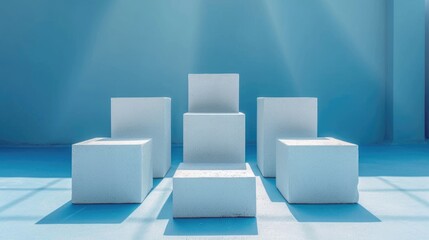 A group of white cubes sitting on top of a blue floor.