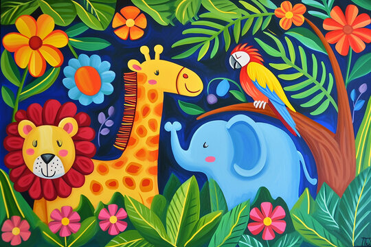 Illustration of tropical background with giraffe, elephant, parrot. Bright drawing with acrylic paints. Wallpaper for children's room.
