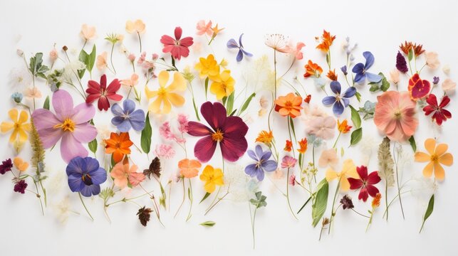 a mound of wildflower petals, their assorted shapes and colors creating a whimsical composition against a spotless white canvas, celebrating the untamed beauty of nature.