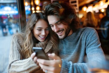 Beautiful young couple using mobile phone in restaurant.