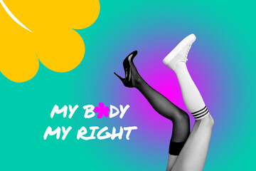 Composite collage image of my body my rights woman day feminist activism legs outfit weird freak bizarre unusual fantasy