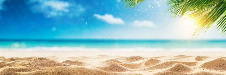Fototapeta na wymiar Tropical beach with palm tree and sand. Panoramic banner
