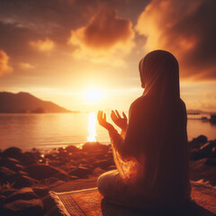 Generative AI of a Muslim praying in an open area with a sunset atmosphere