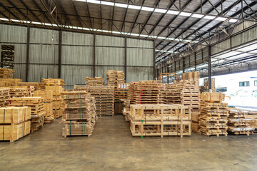 background of pallet wood in warehouse. pattern wood section. Grid of wood squares. the raw of...