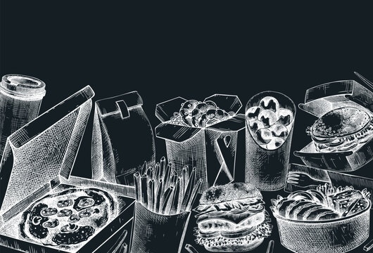 Fast food background. Hand drawn vector illustration on chalkboard.  Food delivery, takeaway food, takeout food in paper box, fast food menu design. Pizza, burger, coffee, noodles, poke, sushi sketch