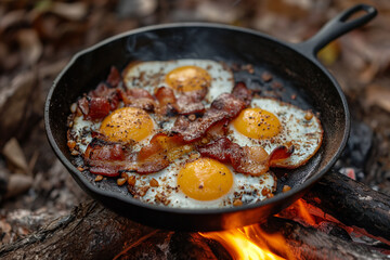 Camping Breakfast with Bacon and Eggs Sizzling in a Cast Iron Skillet. An Al Fresco Culinary Adventure in the Forest - Scrambled Eggs and Bacon Cooked Over an Open Flame for a Perfect Picnic Experienc