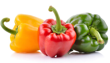 Red, green and yellow bell peppers isolated on white background - 709927893