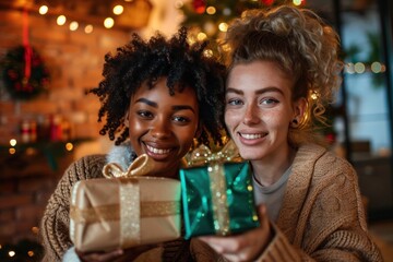Fototapeta na wymiar Young interracial lesbian couple gifting presents during christmas and the new year holidays at home