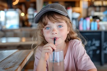 Fototapeta premium Child with straw in mouth sitting in cafe