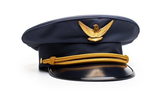hat of airline pilots with gold insignia, isolated on a white background.


