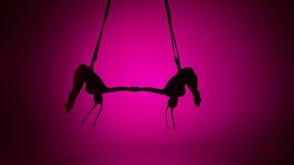 Silhouette of two female acrobats isolated on pink neon background. Girls aerial dancers performing...