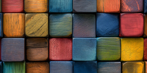 Colorful Wooden Blocks Aligned in a Wide Format, Symbolizing Harmony and Diversity