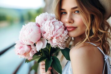 Beautiful woman holding a bunch of peony flowers