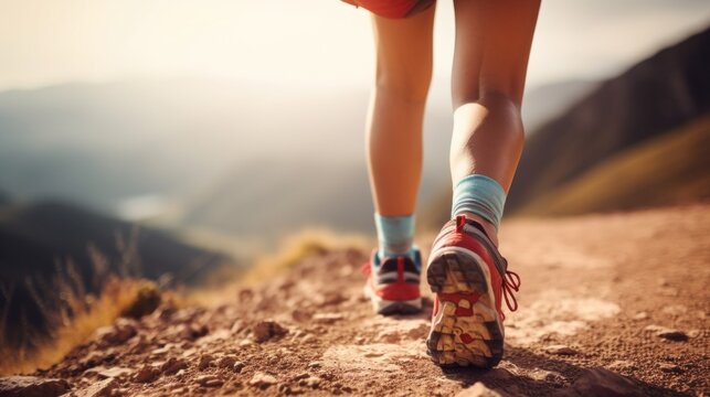 Hiking in the mountains. Female legs with sports shoes and backpack running on a trail mountain, close up.


