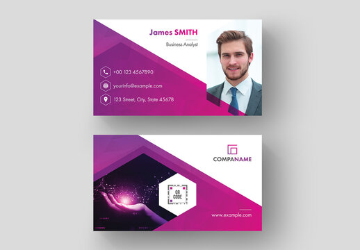 Business Card Layout with Purple and Pink Gradient Accents