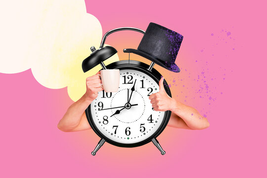 Creative collage picture huge clock timer alarm human hands caricature funny showing thumbs up hold cup beverage tea coffee energy drink