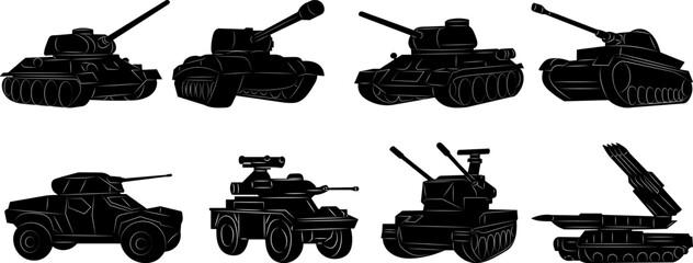 set of tanks silhouettes on white background vector
