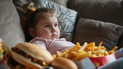 Overweight girl watching TV and eating fast food.	