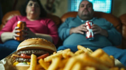 Zelfklevend Fotobehang Overweight couple sitting on sofa, watching TV and eating fast food  © Vika art