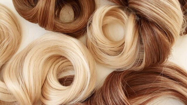 Blond, brown shiny wavy hair on white background. Shiny woman hair strand, curl. Hair care and beauty salon. Natural cosmetic products. Hair color palette. High quality 4k footage