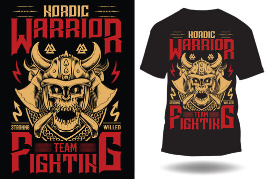 Vector viking warrior t-shirt print , sport team and league club badge. scandinavian viking in horn helmet and crossed 