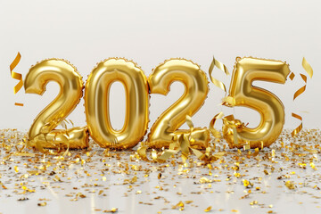 2025 year celebration, celebration of a New Year, number 2025 made of  golden  air balloons 