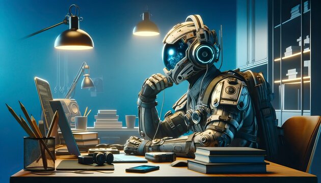 Futuristic Robot Engaged in Work at a High-Tech Home Office