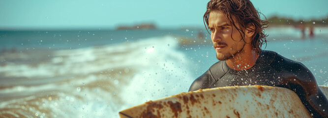 Surfer man on the beach holding surf board watching ocean waves  close up face