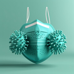 Minimalistic 3D medical illustration, one virus resists a medical mask, on the topic of prevention of viral diseases created with Generative Ai