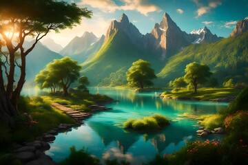 Delve into the serenity of a narrow river winding gracefully between lush trees and vibrant greenery. Behold the majestic mountain in the background under - obrazy, fototapety, plakaty