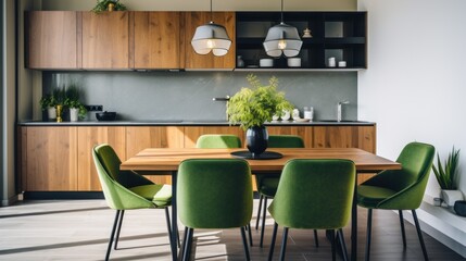 Modern kitchen and dining room. Table with green suede upholstered chairs.


