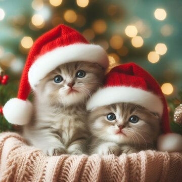 Little cute kittens with Christmas decorations looking at the camera.